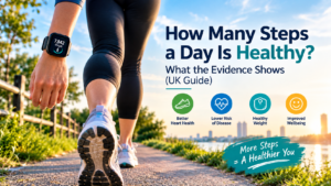 Person walking outdoors while tracking daily steps on a fitness watch